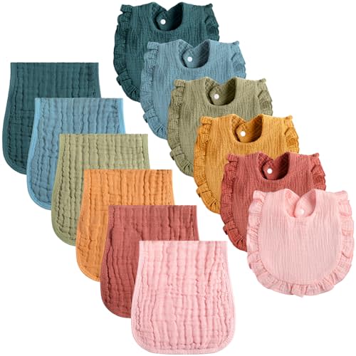 Newcotte 12 Pcs Baby Muslin Bibs and Burp Cloths Set Cotton Absorbent Baby Bibs Burping Cloths for Toddler Unisex Girls Boys Soft Adjustable Drooling for Newborn Teething