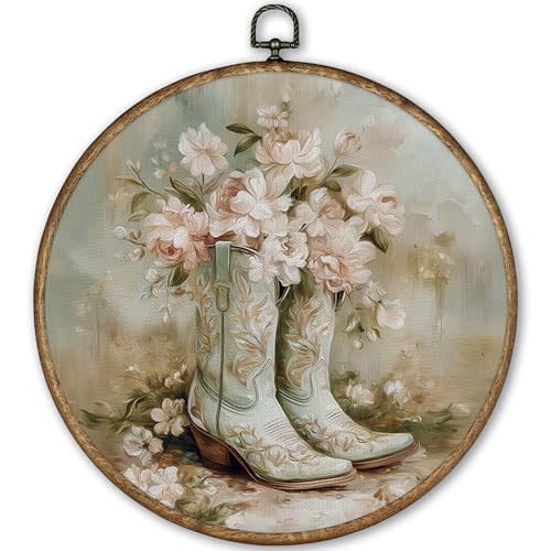 TLESKE Western Cowgirl Floral Round Wall Art Decor Framed 10x10, Preppy Cowgirl Boot Canvas Wall Art Prints Artwork, Flower Cowboy Hanging Wall Picture Room Door Decor for Bedroom Living Room