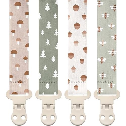 Stadela Baby Pacifier Clip Holder - Girl or Boy Unisex 4 Pack Gift Set – Woodland Mushrooms Bees Neutral Green Beige (Forest)