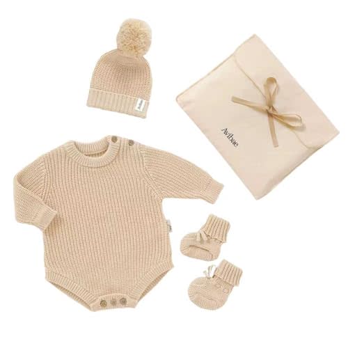 Avibae Cotton Newborns Set with Knit Sweater, Beanie, Booties for Baby Boys and Girls, Warm Cute Infant 3 Piece Set