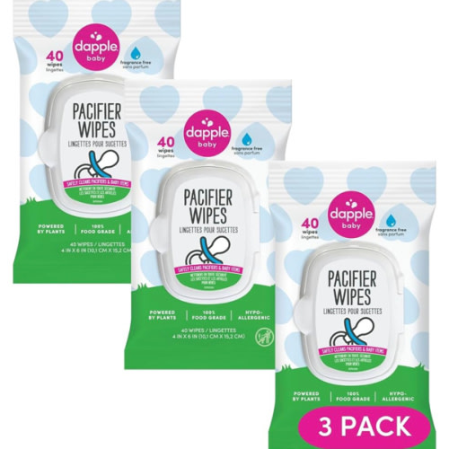Dapple Pacifier Wipes, for Baby and Toddlers, Diaper Bag Essentials, Fragrance Free 40 Ct, Pack of 3