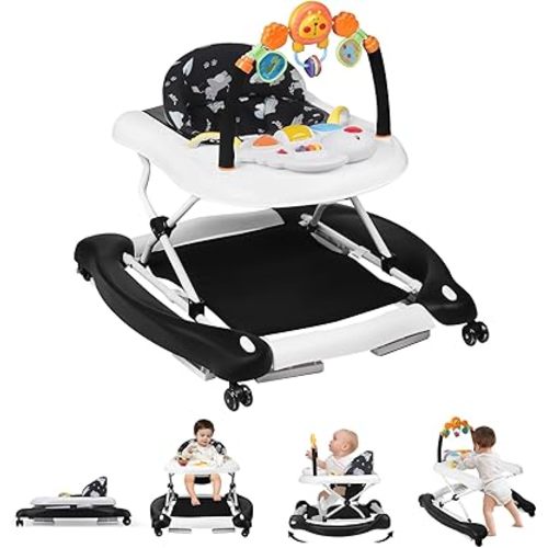Baby Walker, 5 in 1 Baby Walkers for Boys Girls 6-12 Months, Foldable Walkers for Babies with Bouncer & Feeding Tray, Music, Adjustable Heights, Activity Walker for Infant