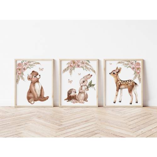 Baby Girl Woodland Animal Art Prints - Set of Three Baby Floral Woodland Animal Canvases- Baby Girl&#39;s Wall Art - Playroom Wall Art - A536