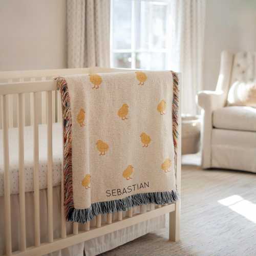 Personalized Chick Baby Blanket, Custom Name Farm Animal Nursery Throw, Baby Shower Gift, Baby Chicken Lover Kids Room Decor for Boy or Girl