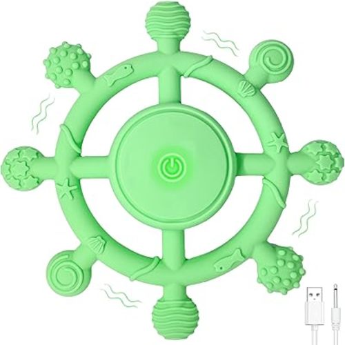YOFUN 3-Speed Vibrating Baby Teether – Soothing Silicone Teething Toy for Infants 3M+, Food-Grade, USB Rechargeable – Soft & Safe Gum Relief for Babies (Green)