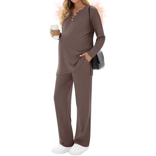 2 Piece Thermal Maternity Lounge Set Postpartum Pregnancy Fleece Loungewear Long Sleeve Top and Wide Leg Pant