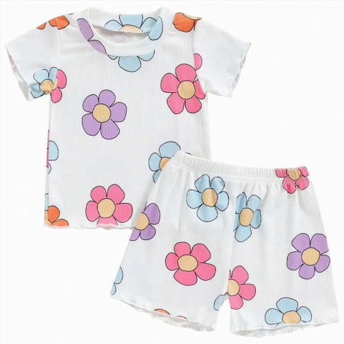 UAYOTSE Infant Baby Girl Summer Clothes Set 9 12 18 24 Months 2T 3T 4T Flower Short Sleeve Round Neck Tops Elastic Waist Shorts Outfit,Sizes 2-3 Years