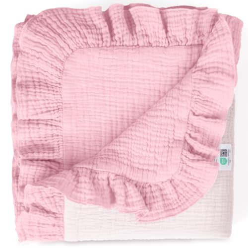 lulumoon Muslin Baby Blanket for Girls: 100% Cotton Ruffle Swaddle Blanket | Soft Reversible Crib Blanket for Newborn and Infant - Lightweight for Stroller, Nursery Decor & Travel 40"x36"(Pink)