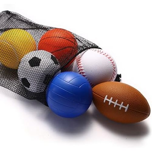Urspasol Mini Sports Balls Set of 6 Foam Balls for Kids 3.5 inch Soft Ball for Toddlers 1-3 with Bag Includes Soccer, Basketball, Football, Baseball,Tennis and Volleyballs- Throwing Toys for Babies