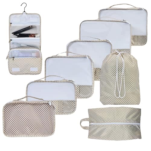 Foxy Traveler 9 Set Packing Cubes - Suitcase Organizer, Cute Packing Cubes, Travel Bags Organizer for Luggage with Hanging Toiletry and Shoe Bag, Travel Essentials for Women, Men and Kids -Gingham