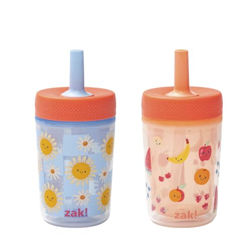 Zak Designs Daisies-Happy Fruit Capri 9oz Leak-Proof Toddler Cups, 2-Pack | BPA Free, Double Wall Plastic, Sippy Cups, Cupholder Friendly, Dishwasher Safe, Easy Clean, For Preschool, Home or Daycare