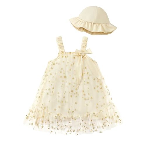 XUANHAO Toddler Girl Dress Summer Kids Sleeveless Tulle Dresses for Girls Cute Ruffle Princess Outfit Beach Sundress with Hat