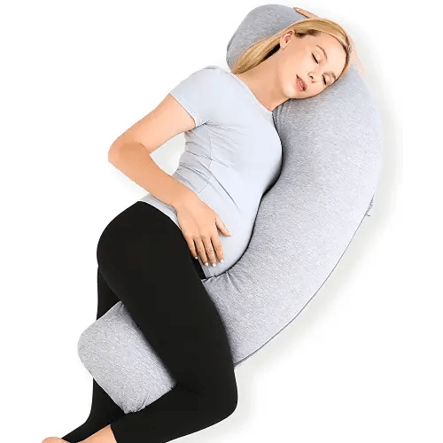Momcozy Pregnancy Pillows for Side Sleeping, J Shaped Maternity Body Pillow for Pregnancy, Soft Pregnancy Pillow with Jersey Cover for Head Neck Belly Support, Grey