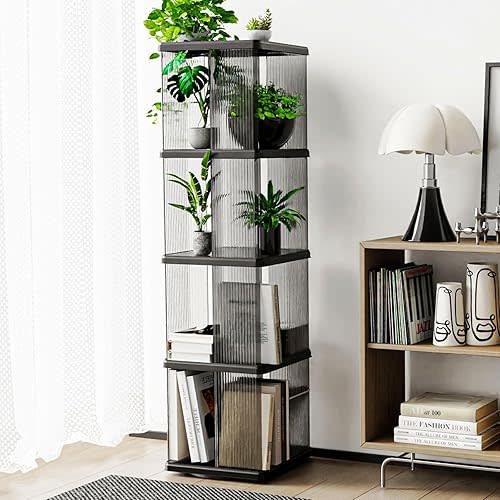 4 Tier Rotating Bookshelf, Small Corner Bookshelf for Small Space, 360 Display Floor Standing Bookcase, Lazy Susan Plastic Narrow Book Organizer Shelf for Bedroom, Living Room, Rectangular