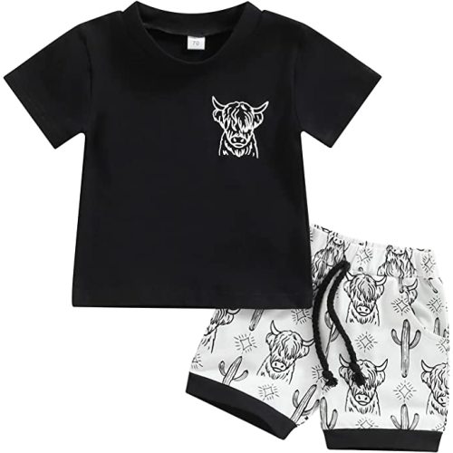 Engofs Toddler Baby Boy Summer Clothes Short Sleeve T-Shirt Tops Shorts Set 2Pcs Casual Outfit - W4 Black - 6-12 Months