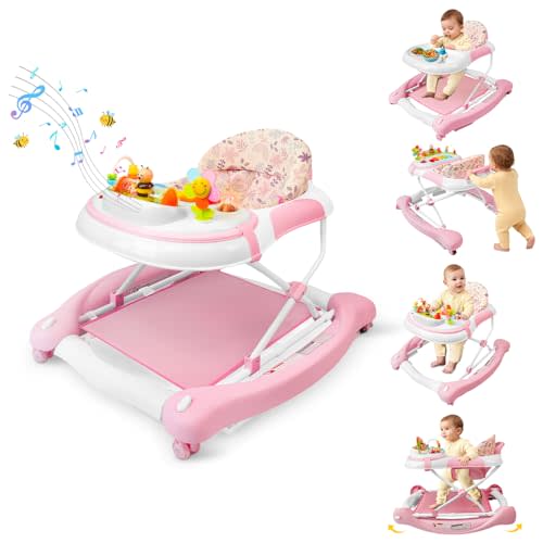 5 in 1 Baby Walker, Music and Lights Walker for Baby Boy Girls 6-12 Months, Foldable Baby Walkers with Wheels and Bouncer Combo Portable, Toddler Infant Walker with Adjustable Height