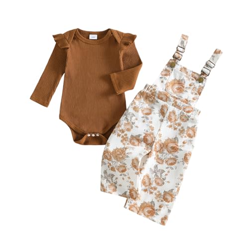 Newborn Baby Girl Fall Outfits Infant Rompers Overalls Pants Set | Western Clothes, Country Clothing, Floral Overalls, Rib Long Sleeve Jumpsuit, Fall Winter 2Pcs Outfit Sets 3 6 9 12 18 Months