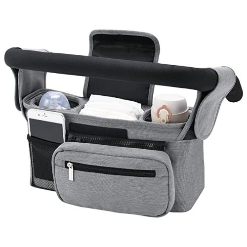 Universal Stroller Organizer with Insulated Cup Holder by Momcozy - Detachable Phone Bag & Shoulder Strap, Fits for Stroller like Uppababy, Baby Jogger, Britax, Bugaboo, BOB, Umbrella and Pet Stroller - Grey