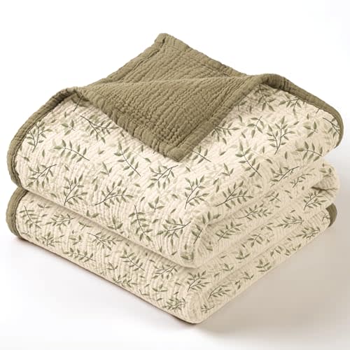 lulumoon Baby Muslin Blanket Neutral: Skin-Friendly Leaf Toddler Blanket - Ideal for Stroller 47"× 47" (Olive Branches)