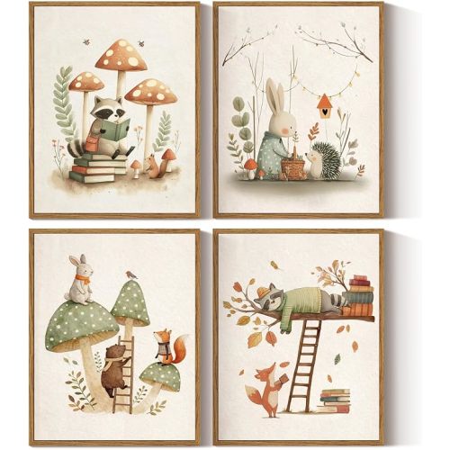 VIYYIEA Woodland Animals Nursery Wall Art, Vintage Framed Prints Set of 4 | Set of 4 Framed Canvas Prints with Cute Woodland Animal Artwork, 11x14 In for Nursery, Kids' Room, Bedroom Or Playroom Decor