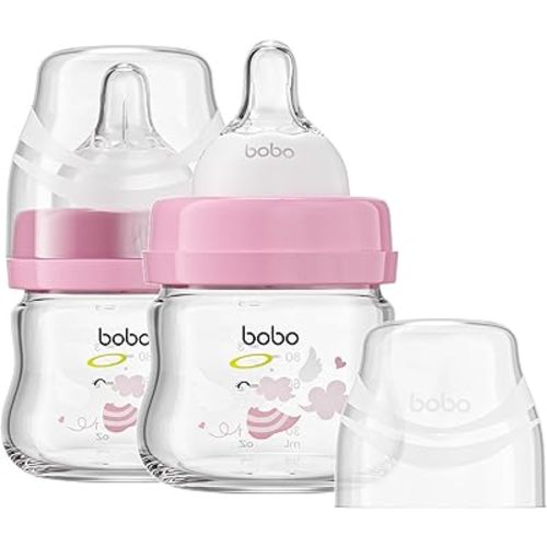 YOHKOH Glass Baby Bottles with Slow Flow Nipple, Newborn Anti-Colic Baby Bottles for 0+ Months, Wide Neck Feeding Bottle, Clear (Red, 2.7oz (Pack of 2))