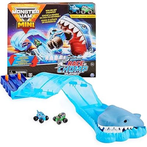 Monster Jam, Mini Megalodon Race and Chomp Playset with 2 Monster Jam Mini Trucks, 1:87 Scale, Kids Toys for Boys and Girls Ages 4-6+