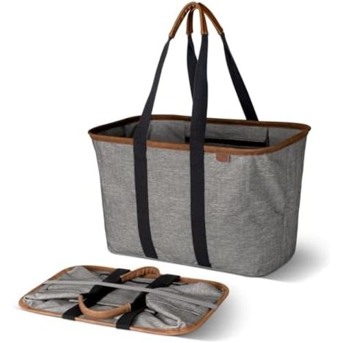CleverMade Collapsible LUXE Tote, 30L Foldable Grocery Shopping Bag with Structured Frame, Reinforced Bottom & Comfortable Handles, Reusable Car Tote for Errands, Beach, Laundry & Storage, Gray