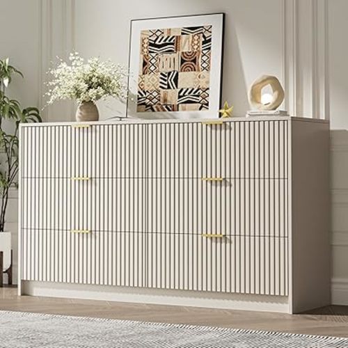 MAISONARIA 6 Drawer Dresser for Bedroom, 55" Wide Modern Chest of Drawers with Gold Metal Handles, Fluted Wood TV Stand for Living Room, Hallway(Beige)