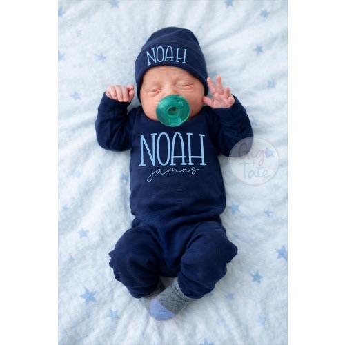 Personalized Newborn Boy Coming Home Outfit: Baby Boy Blue Romper & Hat