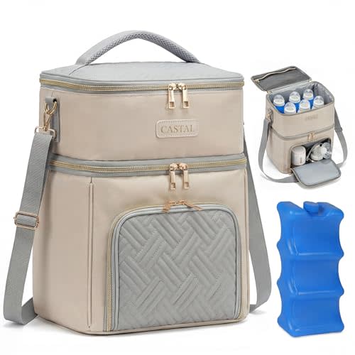 Castal Breast Pump Bag Diaper Tote Bag with Ice Pack, Fit Most Breast Pumps Like Medela, Spectra S1,S2, Evenflo–Double Layer Bag Holds 6 Milk Bottles with Elastic Strap–Black