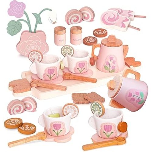 Wooden Tea Set for Little Girls, Pretend Play Tea Party Set Toy with 26 PCS Play Kitchen Accessories, Princess Tea Set Toy, Birthday Gift for Kids 3-5 Years Old, Improve Imagination