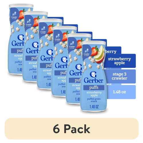 (6 pack) Gerber Stage 3 Baby Food, Strawberry Apple Puffs, 1.48 oz Canister
