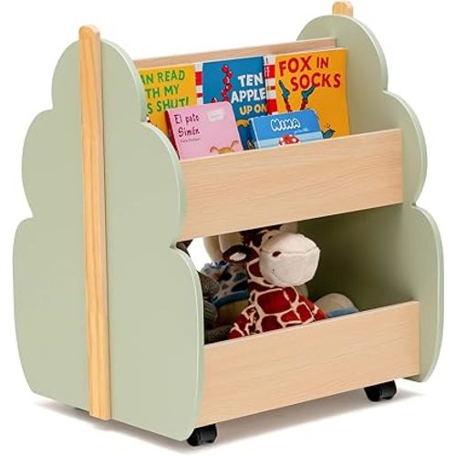 HONEY JOY Kids Wooden Bookshelf, Toddler Double-Sided Bookcase Toy Storage w/Universal Wheels, 2-Tier Children Storage Shelf Book Rack for Kids Room, Playing Room, Classroom, Kindergarten, Green
