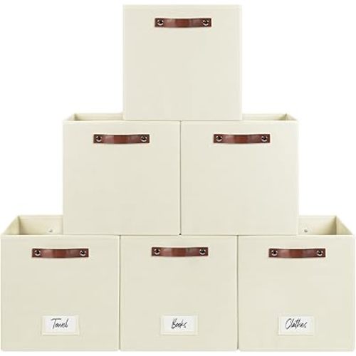 6-Pack Collapsible Fabric Storage Cubes with Handles & Label Holders, Closet Cube Home Organizer Bins (Beige, 13 x 13 x 13 inch)