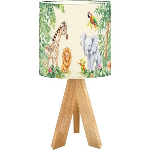Cute Kids Bedside Desk Table Lamp Animals Jungle Watercolor Zebra Lion Elephant Parrot Foliage Detailed Children Nightstand Lamp, Tripod Small Night Lights Linen for Nursery Room Bedroom Dorm Decor