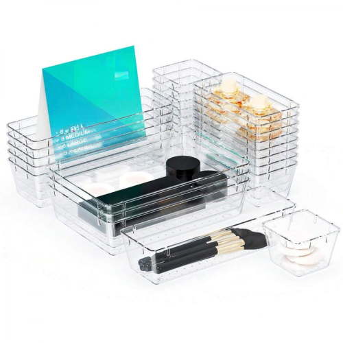 25PCS Clear Plastic Drawer Organizer Set: 4 Sizes Desk Drawer Dividers & Storage Bins for Makeup, Jewelry, Gadgets, Kitchen, Bedroom, Bathroom