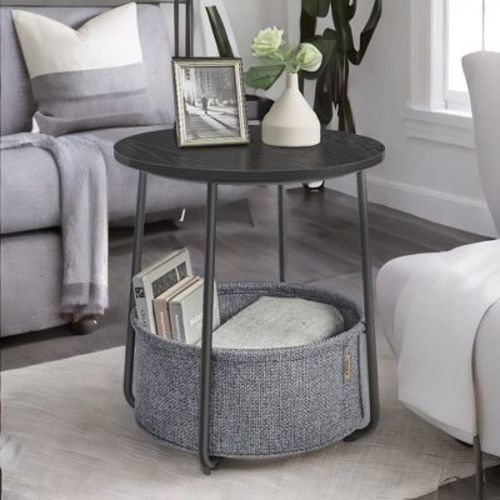 Small Round Side End Table Modern Nightstand with Fabric Basket