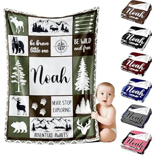 Personalized Baby Blankets with Name, Ships Next Day, Custom Baby Blanket with Letter Words, Soft Cozy Woodland Blankets, Gifts for Boys & Girls Kids Teen, Printed in USA