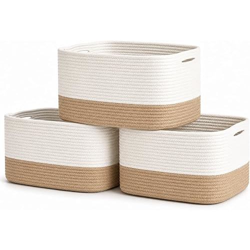 OrganiHaus Cotton Rope Baskets for Shelves, Set of 3, 15x9x10