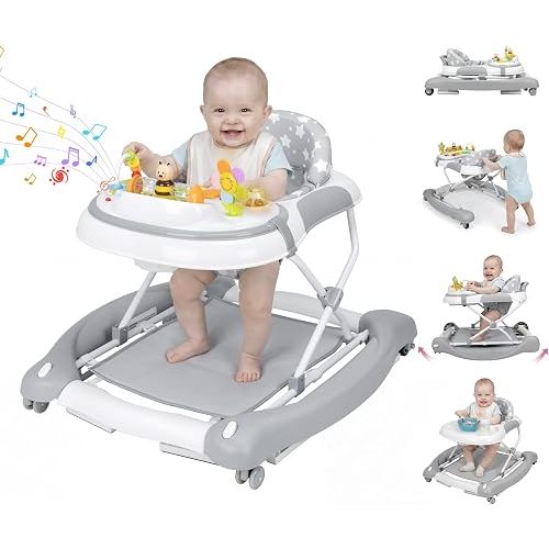 5 in 1 Baby Walker, Music and Lights Foldable Baby Walker with Wheels, 3 Adjustable Heights, with Bouncer Combo, Rocker, Activity Walker for Baby Boy and Girl 6-18 Months (Gray)