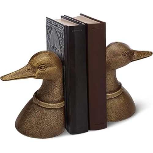 Decorative Distressed Cast Metal Duck Head Bookends, Metal Duck Book Ends for Shelves, 4.25 x 3 x 5.75 Inches, Vintage Brass Color, Rustic Vintage Home Office Organizer Set of 2