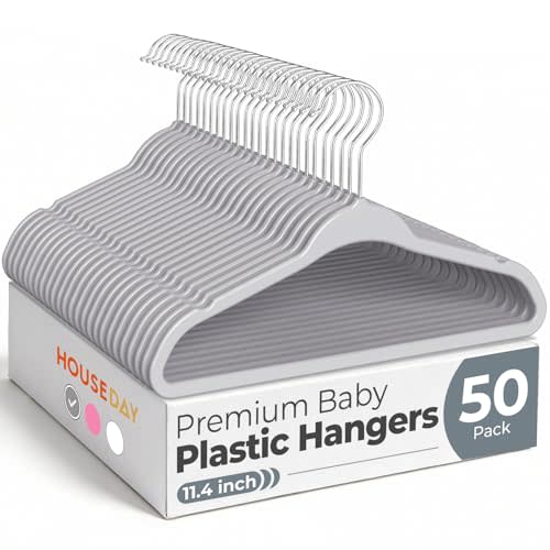 HOUSE DAY 11.4 Inch Baby Hangers 50 Pack - Plastic Kids Hangers Space Saving Thin Profile, Children Closet Organizers with Rotatable Hook of 360°, Heavy Duty for Toddler Clothes Nursery - Gray