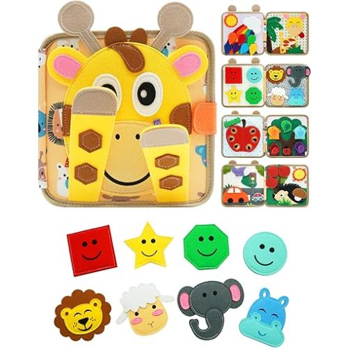 Busy Book for Toddlers 1-3, Montessori Toys for 1 Year Old, Kids Travel Toys, Educational Activity Book, Birthday Gifts for Boys & Girls, Washable Felt Busy Board, Giraffe