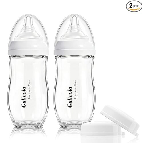 Gulicola Natural Glass Baby Bottle for Breastfed Babies, Anti-Colic Baby Bottle Set with Medium Flow Nipple, 3 Months +, 8 oz, 2 Pack - White