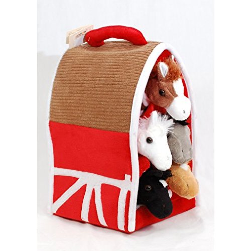Plush Horse Barn with Horses - Five (5) Stuffed Animal Horses in Play Carrying Barn Case