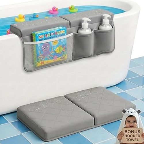 2inch XL Baby Bath Kneeler and Elbow Rest Pad Set + Hooded Towel - Embroidered Kneeling Pad for Bathing Baby - Dual-Layer Memory Foam Bathtub Kneeler and Elbow Rest Set