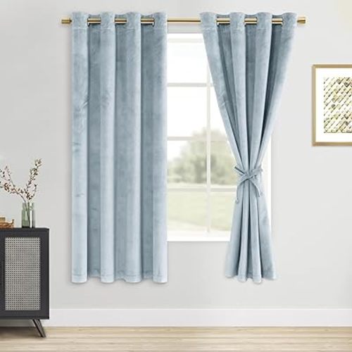 DWCN Velvet Curtains - Room Darkening Light Blocking Window Drapes for Nursery Bedroom, Living Room, Tieable Solid Grommet Curtains & Drapes Set of 2, 52 Wide by 63 inches Length, Stone Blue
