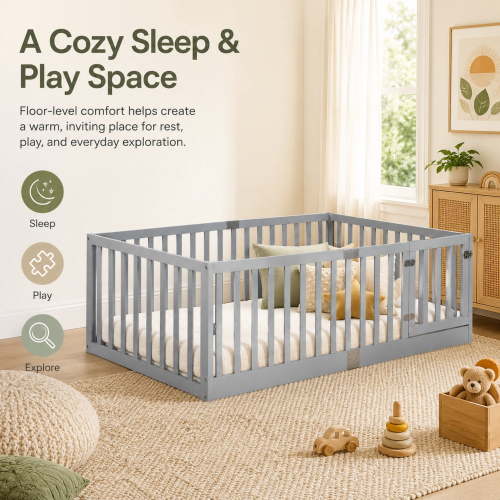 Miniyam Wooden Twin Size Floor Bed for Kids with Door, High Safety Fence, Gray