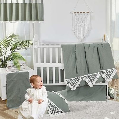 Brandream Baby Girl Boy Nursery 3 Pieces Crib Bedding Set 100% Cotton Gender Neutral Boho Bohemian Solid Sage Green Farmhouse Chic Unisex Minimalist Tassel Fringe Macrame Cozy Bedding