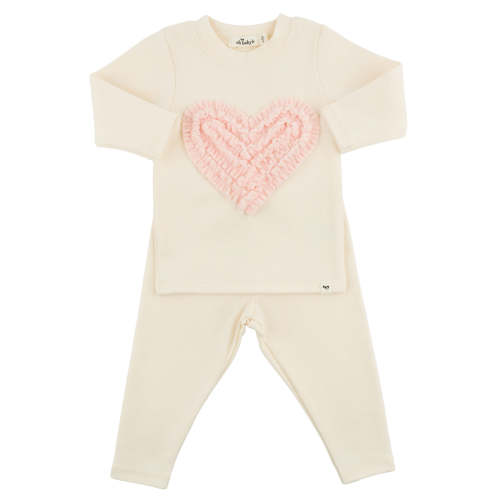 oh baby! Two Piece Set - Pink Terry Ruffle Heart Applique - Milk